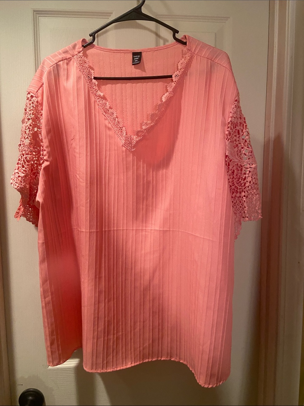 SHEIN Coral Pink V-Neck Crochet Sleeve Top